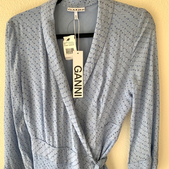 NEW! Ganni Blue Floral High Low Wrap Dress Size 8-10 - Picture 1 of 10